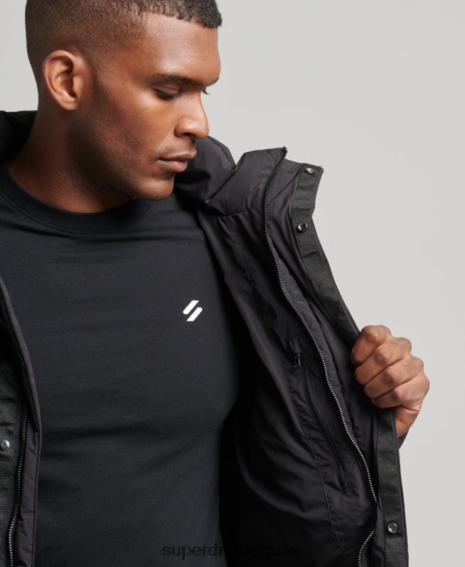 uy Superdry hombres abrigo acolchado con palangre negro DT2N8Z4489 ropa