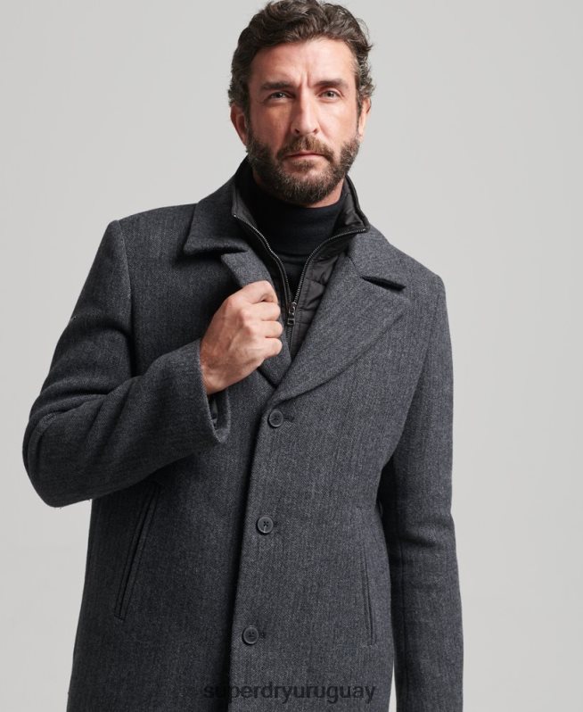 uy Superdry hombres abrigo corto de lana con forro removible gris oscuro DT2N8Z1136 ropa