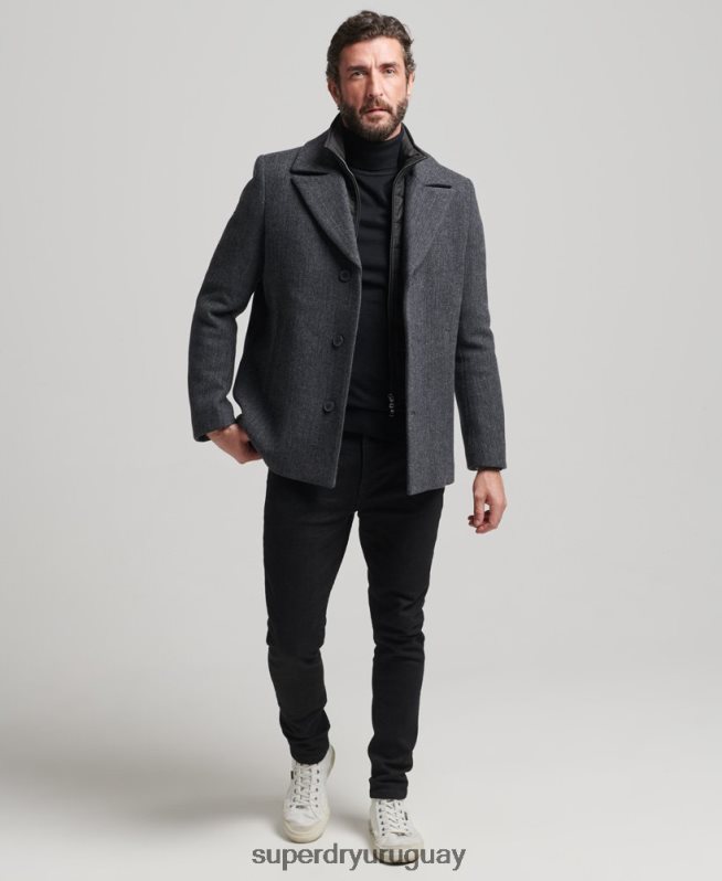 uy Superdry hombres abrigo corto de lana con forro removible gris oscuro DT2N8Z1136 ropa
