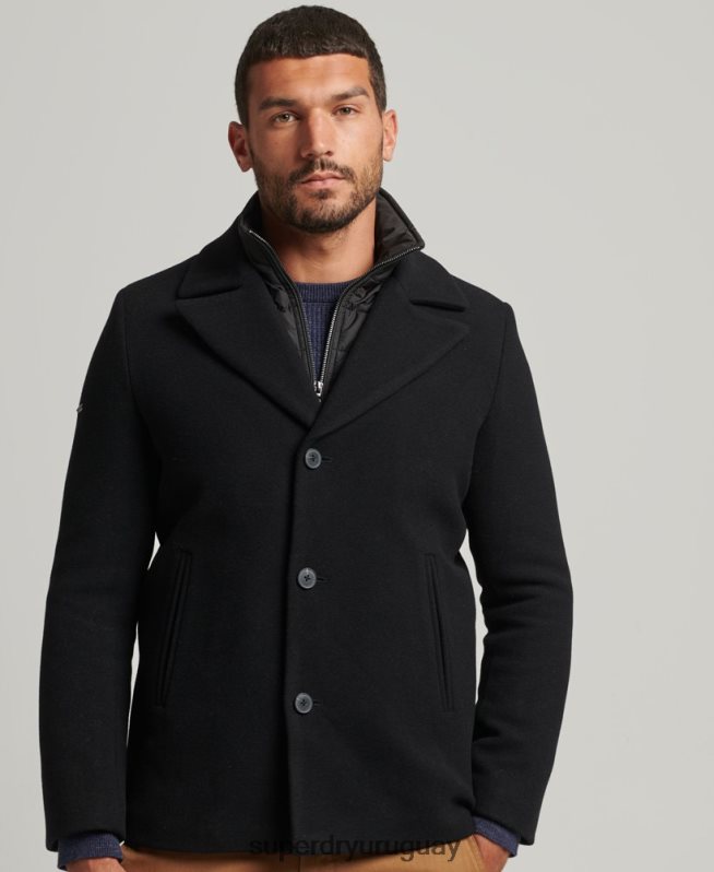 uy Superdry hombres abrigo corto de lana con forro removible negro DT2N8Z1131 ropa
