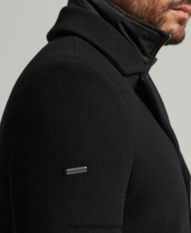 uy Superdry hombres abrigo corto de lana con forro removible negro DT2N8Z1131 ropa