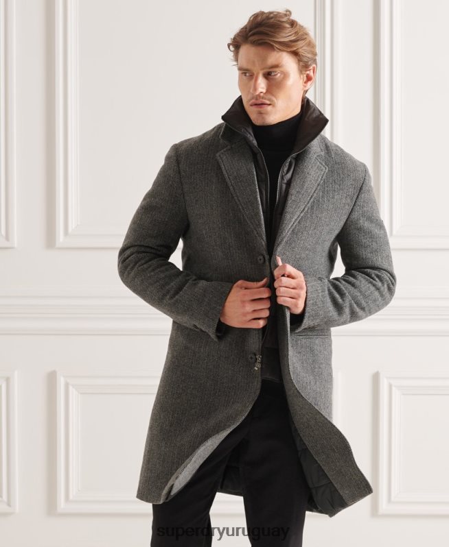 uy Superdry hombres abrigo studios acolchado de lana gris oscuro DT2N8Z1167 ropa