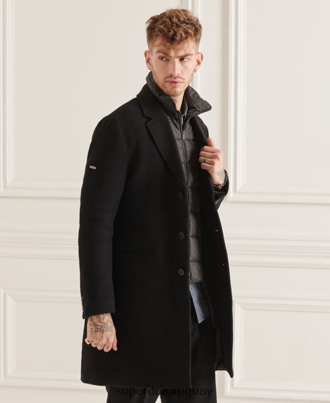 uy Superdry hombres abrigo studios acolchado de lana negro DT2N8Z1165 ropa