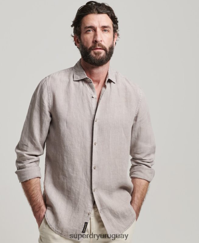 uy Superdry hombres camisa casual de manga larga de lino gris oscuro DT2N8Z134 ropa