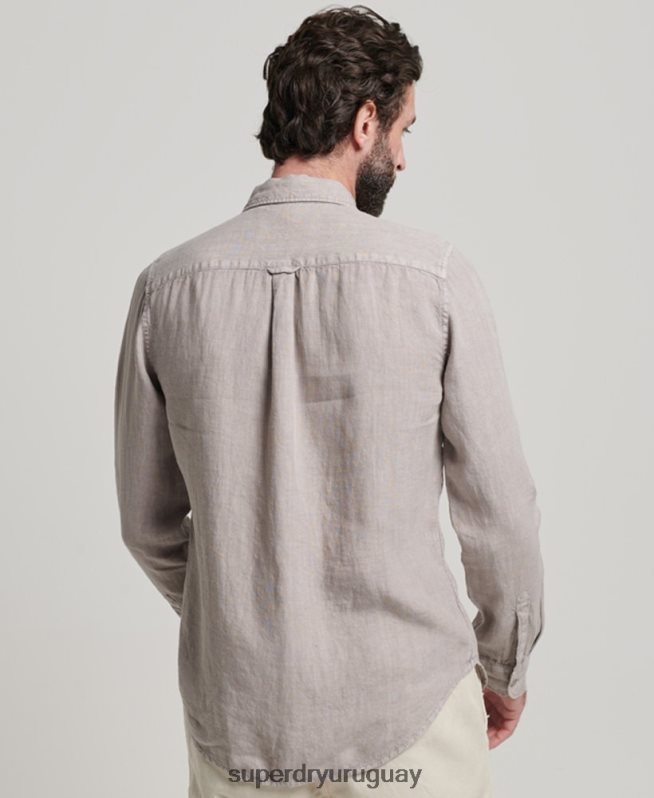 uy Superdry hombres camisa casual de manga larga de lino gris oscuro DT2N8Z134 ropa