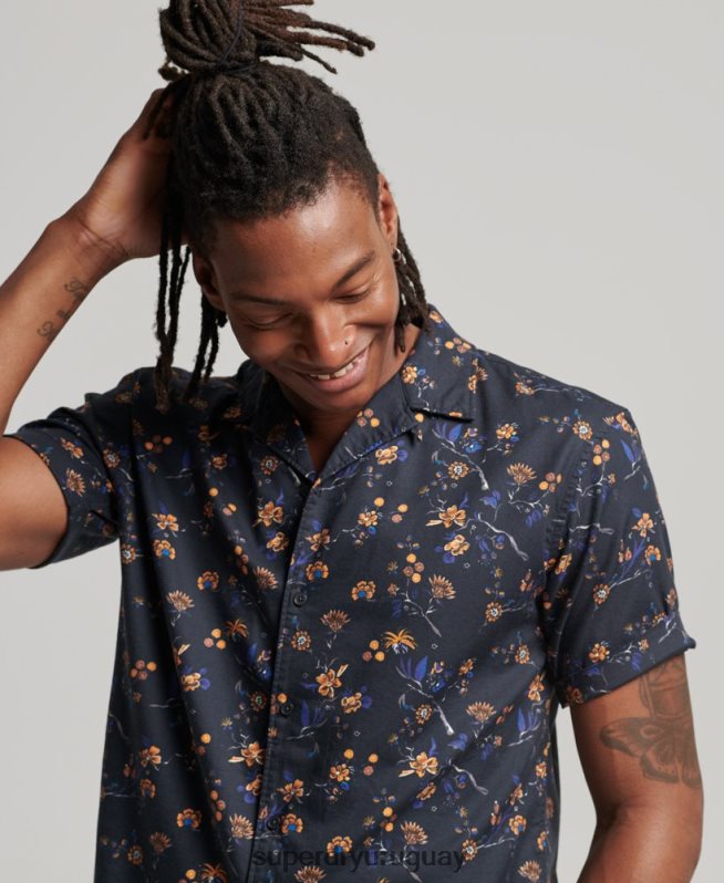 uy Superdry hombres camisa con cuello abierto negro DT2N8Z127 ropa