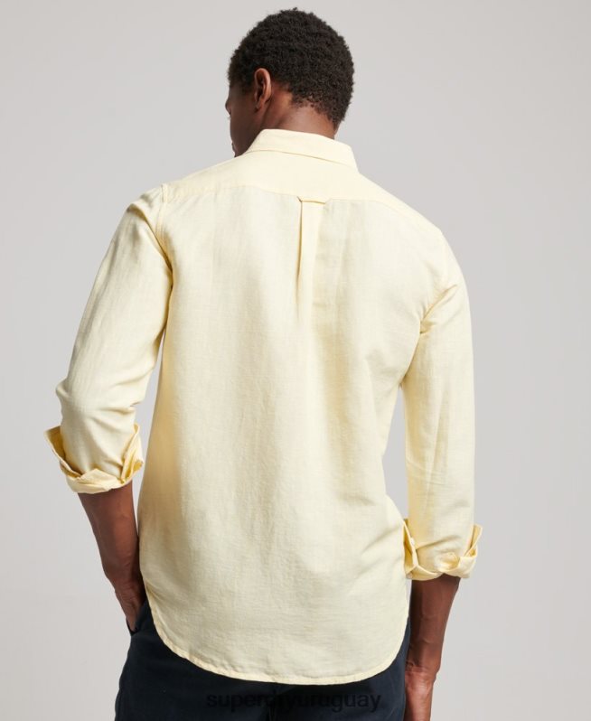 uy Superdry hombres camisa de lino con botones de algodón orgánico studios amarillo DT2N8Z183 ropa