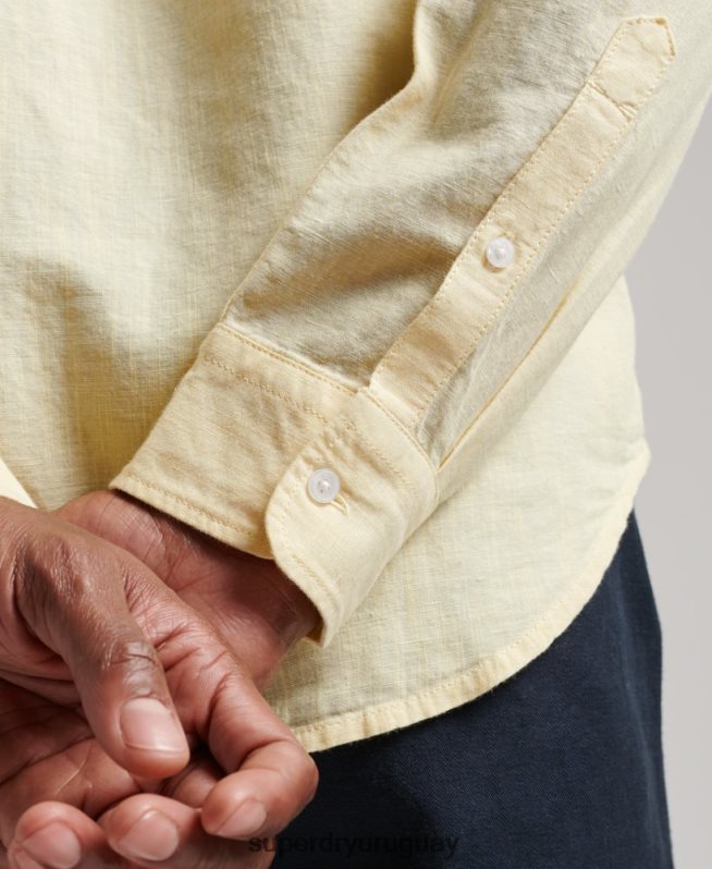 uy Superdry hombres camisa de lino con botones de algodón orgánico studios amarillo DT2N8Z183 ropa