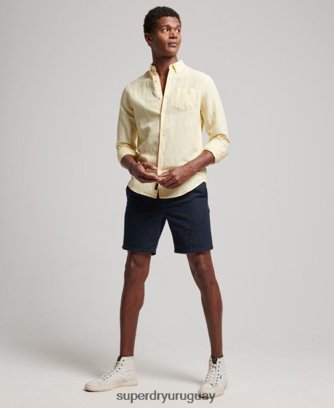 uy Superdry hombres camisa de lino con botones de algodón orgánico studios amarillo DT2N8Z183 ropa