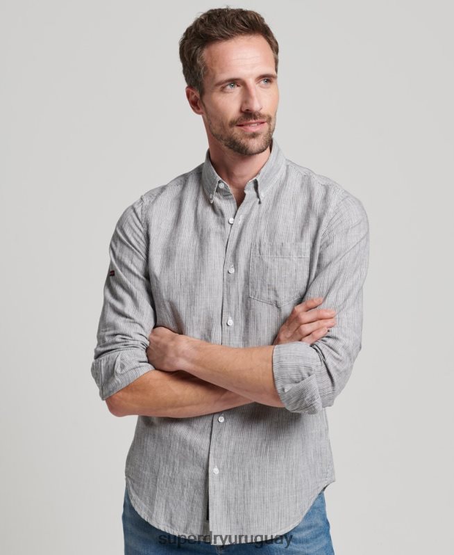 uy Superdry hombres camisa de lino con botones de algodón orgánico studios gris claro DT2N8Z136 ropa