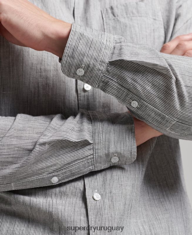 uy Superdry hombres camisa de lino con botones de algodón orgánico studios gris claro DT2N8Z136 ropa
