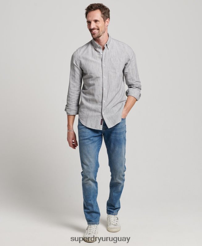 uy Superdry hombres camisa de lino con botones de algodón orgánico studios gris claro DT2N8Z136 ropa