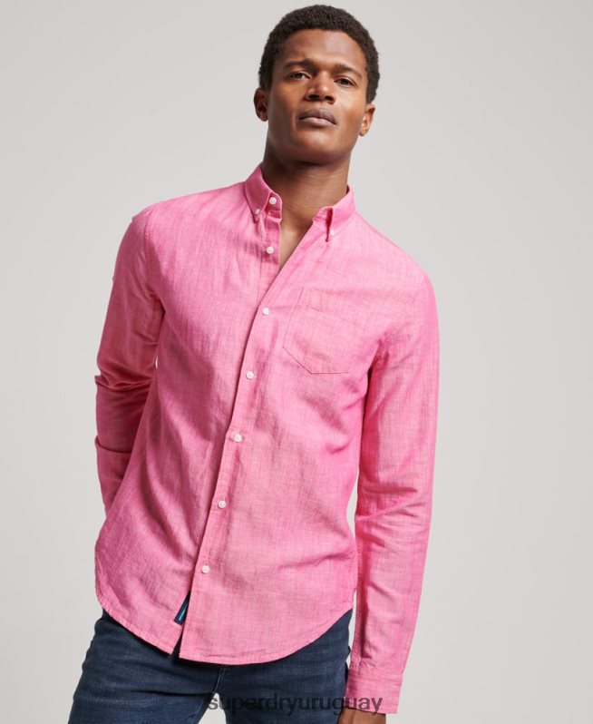 uy Superdry hombres camisa de lino con botones de algodón orgánico studios rosa DT2N8Z133 ropa
