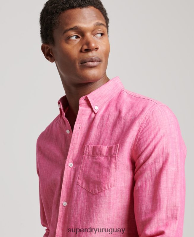 uy Superdry hombres camisa de lino con botones de algodón orgánico studios rosa DT2N8Z133 ropa