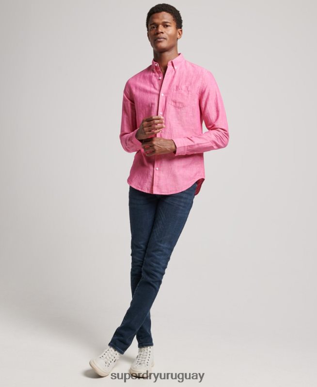 uy Superdry hombres camisa de lino con botones de algodón orgánico studios rosa DT2N8Z133 ropa
