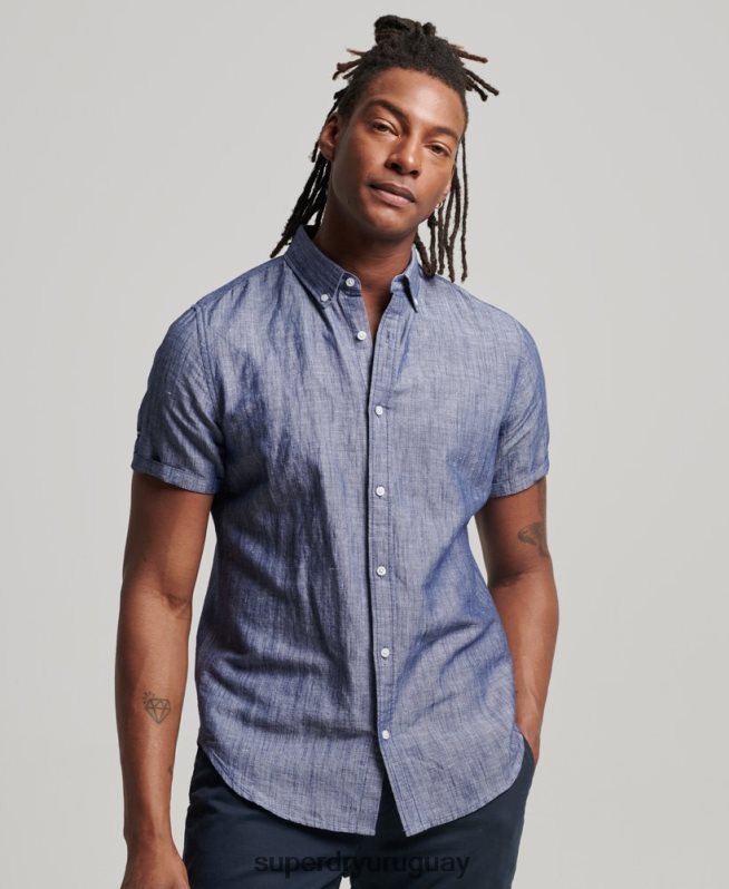 uy Superdry hombres camisa de manga corta de lino y algodón orgánico azul oscuro DT2N8Z198 ropa