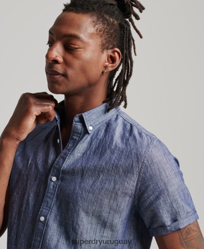 uy Superdry hombres camisa de manga corta de lino y algodón orgánico azul oscuro DT2N8Z198 ropa