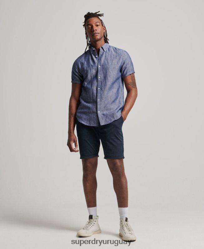 uy Superdry hombres camisa de manga corta de lino y algodón orgánico azul oscuro DT2N8Z198 ropa