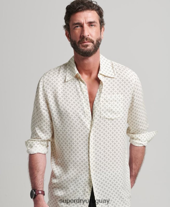 uy Superdry hombres camisa de manga larga con estampado de los años 70 blanco DT2N8Z145 ropa