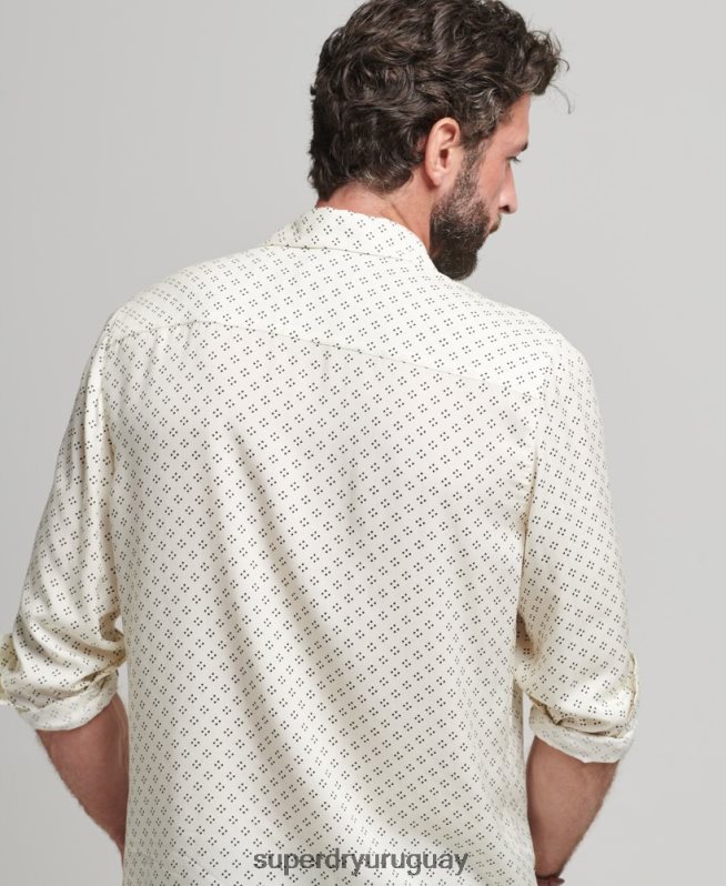 uy Superdry hombres camisa de manga larga con estampado de los años 70 blanco DT2N8Z145 ropa