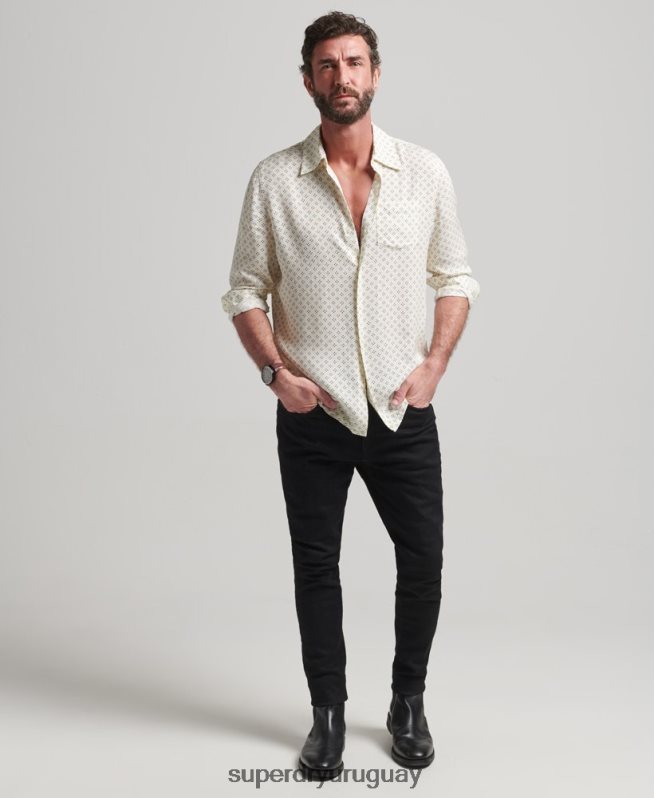 uy Superdry hombres camisa de manga larga con estampado de los años 70 blanco DT2N8Z145 ropa