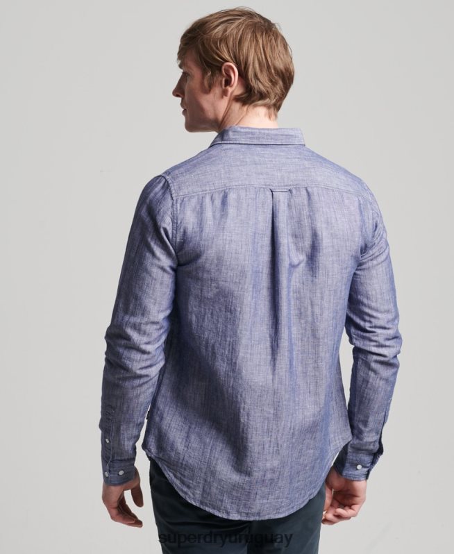uy Superdry hombres camisa de manga larga de algodón orgánico y lino azul oscuro DT2N8Z6398 ropa