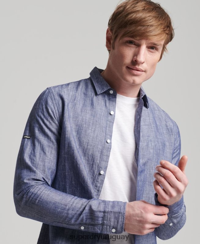 uy Superdry hombres camisa de manga larga de algodón orgánico y lino azul oscuro DT2N8Z6398 ropa