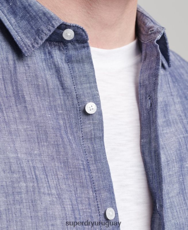 uy Superdry hombres camisa de manga larga de algodón orgánico y lino azul oscuro DT2N8Z6398 ropa
