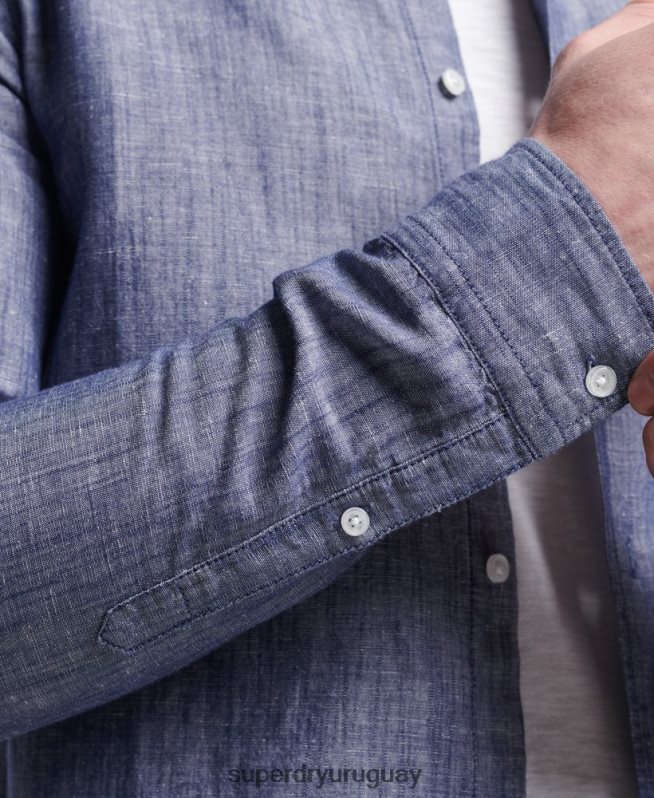 uy Superdry hombres camisa de manga larga de algodón orgánico y lino azul oscuro DT2N8Z6398 ropa
