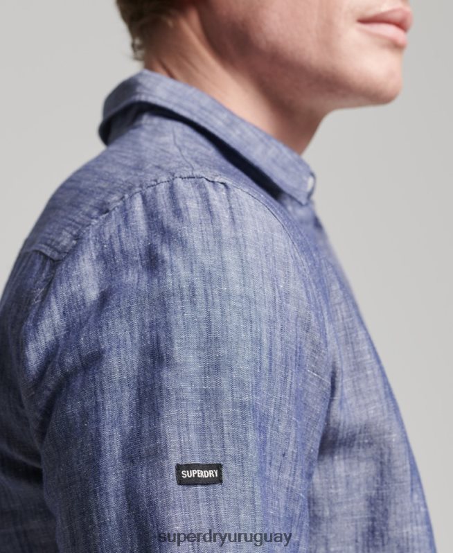 uy Superdry hombres camisa de manga larga de algodón orgánico y lino azul oscuro DT2N8Z6398 ropa