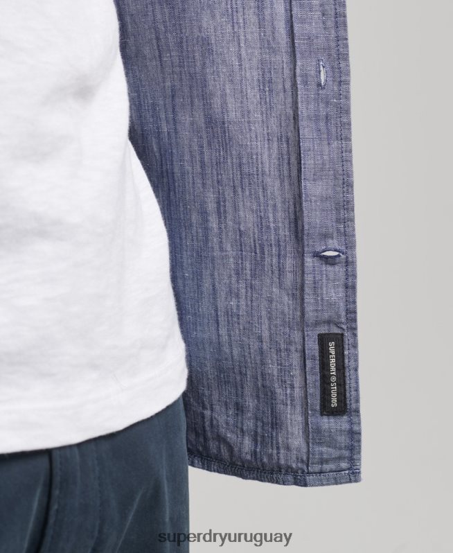 uy Superdry hombres camisa de manga larga de algodón orgánico y lino azul oscuro DT2N8Z6398 ropa
