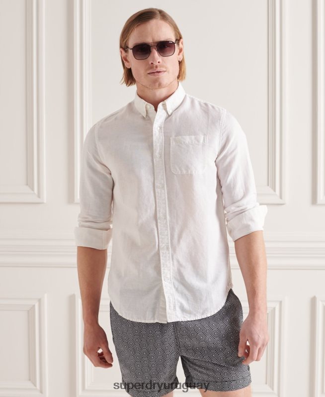 uy Superdry hombres camisa de manga larga de lino y algodón blanco DT2N8Z6447 ropa