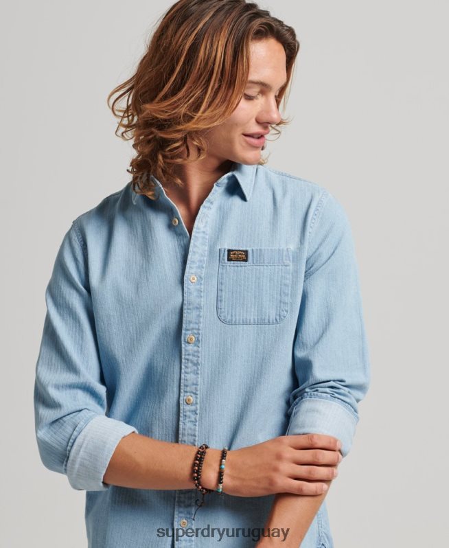 uy Superdry hombres camisa de manga larga de ropa de trabajo de algodón azul claro DT2N8Z188 ropa