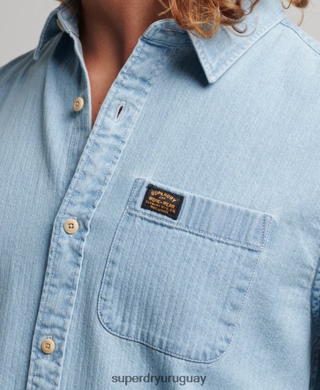 uy Superdry hombres camisa de manga larga de ropa de trabajo de algodón azul claro DT2N8Z188 ropa