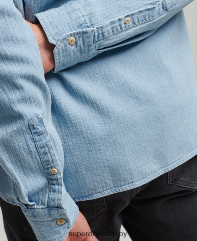 uy Superdry hombres camisa de manga larga de ropa de trabajo de algodón azul claro DT2N8Z188 ropa