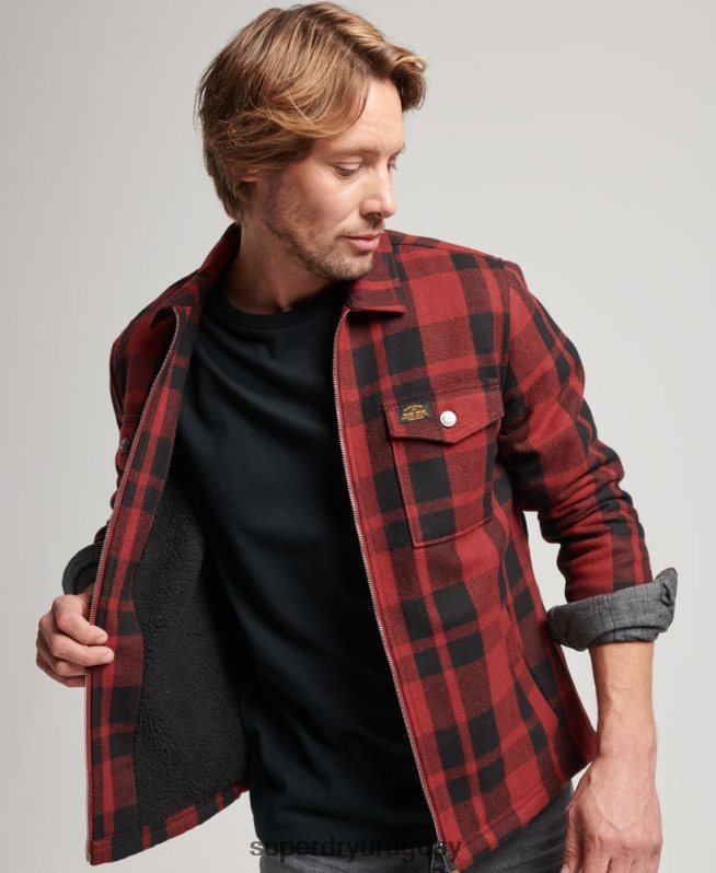 uy Superdry hombres sobrecamisa a cuadros de lana con forro de borrego y cremallera rojo DT2N8Z153 ropa