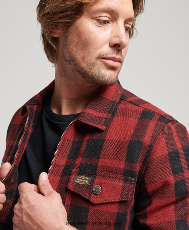 uy Superdry hombres sobrecamisa a cuadros de lana con forro de borrego y cremallera rojo DT2N8Z153 ropa