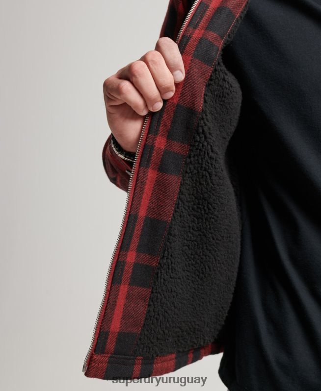 uy Superdry hombres sobrecamisa a cuadros de lana con forro de borrego y cremallera rojo DT2N8Z153 ropa