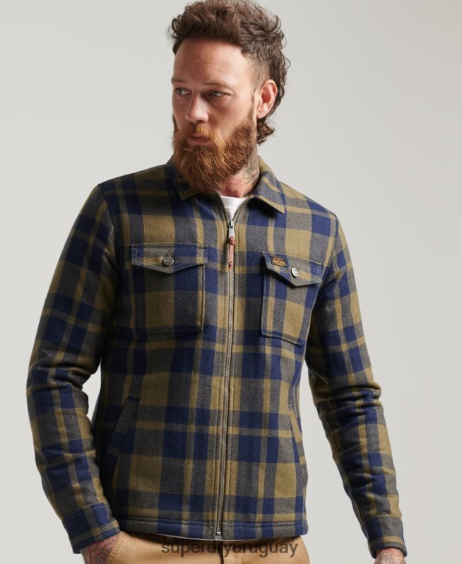 uy Superdry hombres sobrecamisa a cuadros de lana con forro de borrego y cremallera verde DT2N8Z186 ropa