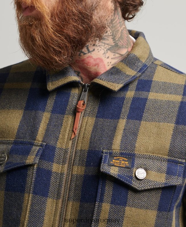 uy Superdry hombres sobrecamisa a cuadros de lana con forro de borrego y cremallera verde DT2N8Z186 ropa