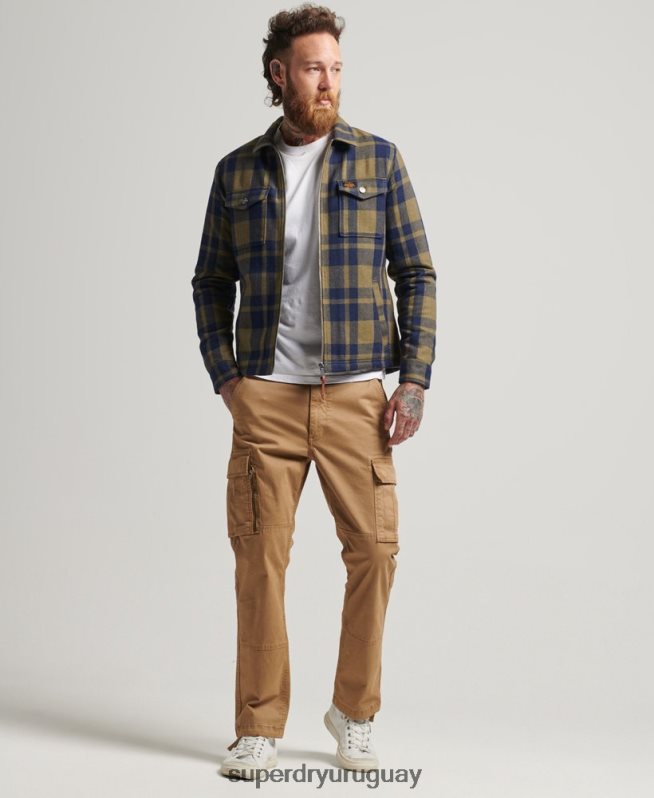 uy Superdry hombres sobrecamisa a cuadros de lana con forro de borrego y cremallera verde DT2N8Z186 ropa