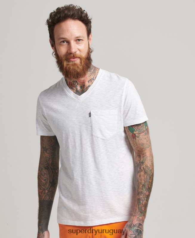 uy Superdry hombres camiseta de algodón orgánico con cuello de pico y bolsillo blanco DT2N8Z4916 ropa