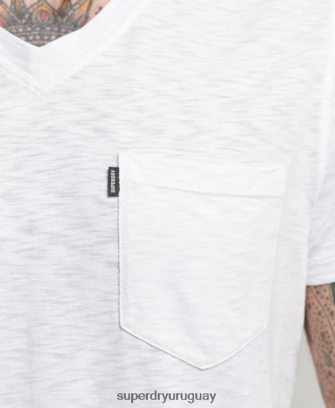 uy Superdry hombres camiseta de algodón orgánico con cuello de pico y bolsillo blanco DT2N8Z4916 ropa