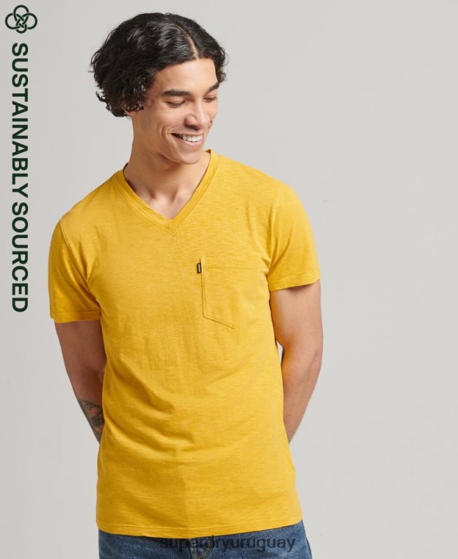 uy Superdry hombres camiseta de algodón orgánico con cuello de pico y bolsillo flameado amarillo DT2N8Z4801 ropa