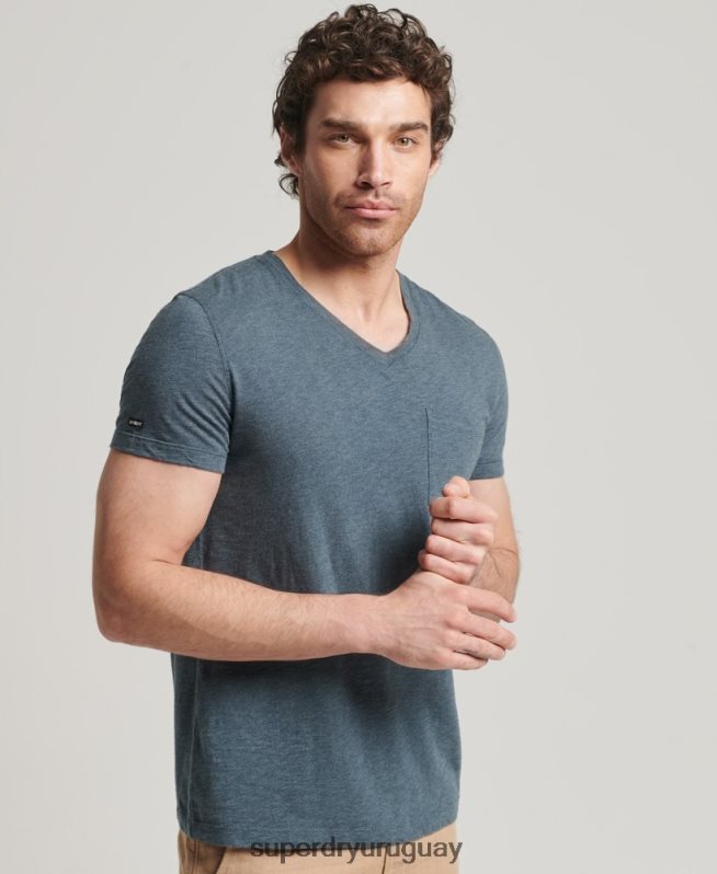 uy Superdry hombres camiseta de algodón orgánico con cuello de pico y bolsillo flameado azul DT2N8Z4819 ropa