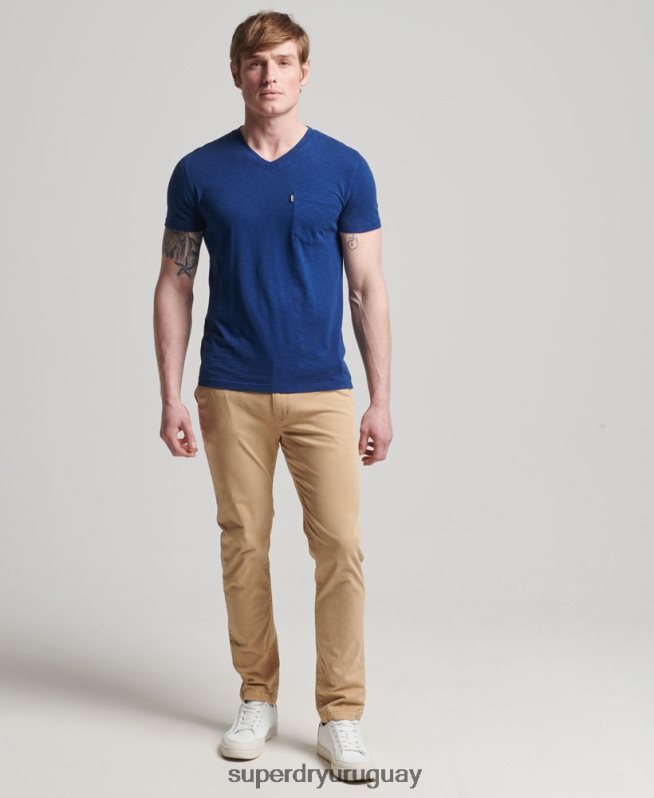 uy Superdry hombres camiseta de algodón orgánico con cuello de pico y bolsillo flameado azul DT2N8Z4877 ropa