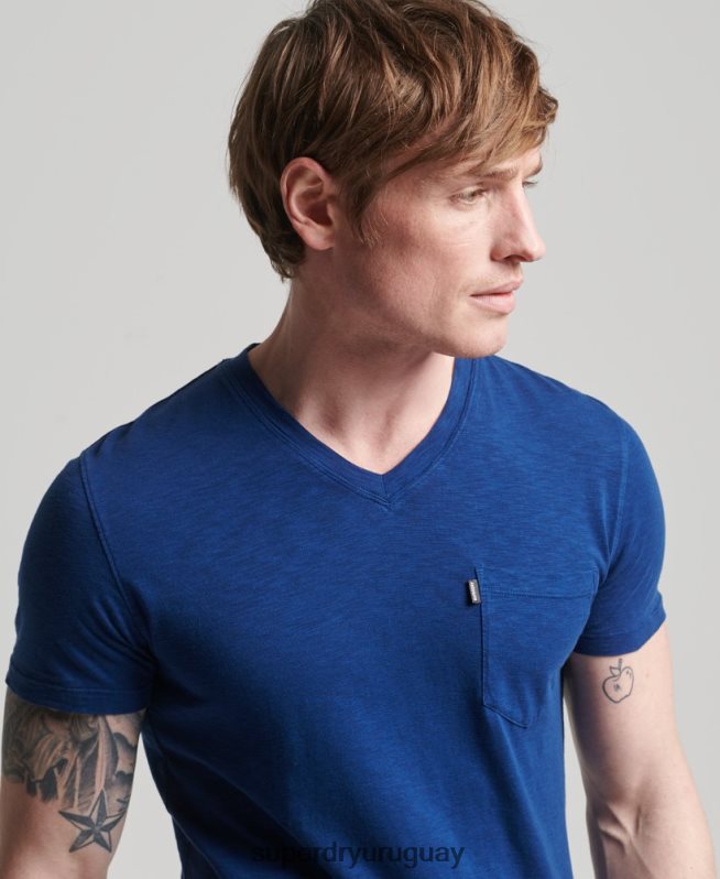 uy Superdry hombres camiseta de algodón orgánico con cuello de pico y bolsillo flameado azul DT2N8Z4877 ropa