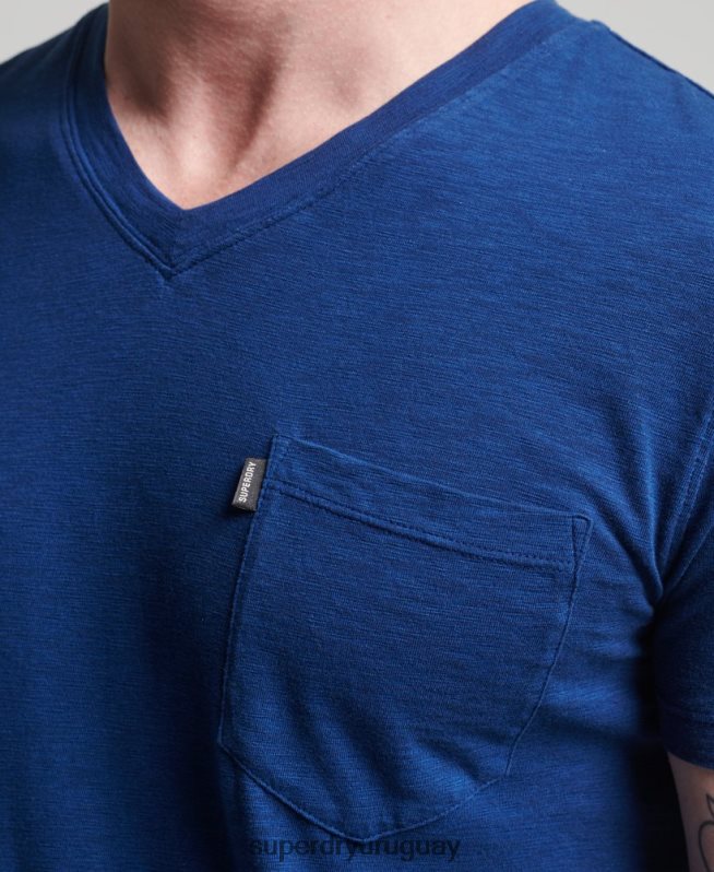 uy Superdry hombres camiseta de algodón orgánico con cuello de pico y bolsillo flameado azul DT2N8Z4877 ropa