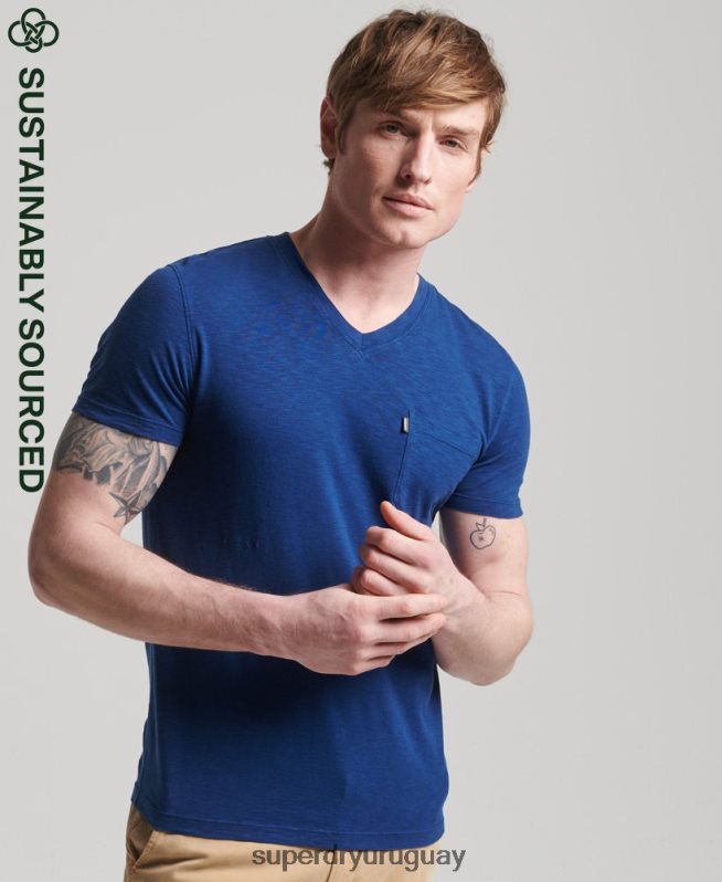uy Superdry hombres camiseta de algodón orgánico con cuello de pico y bolsillo flameado azul DT2N8Z4877 ropa