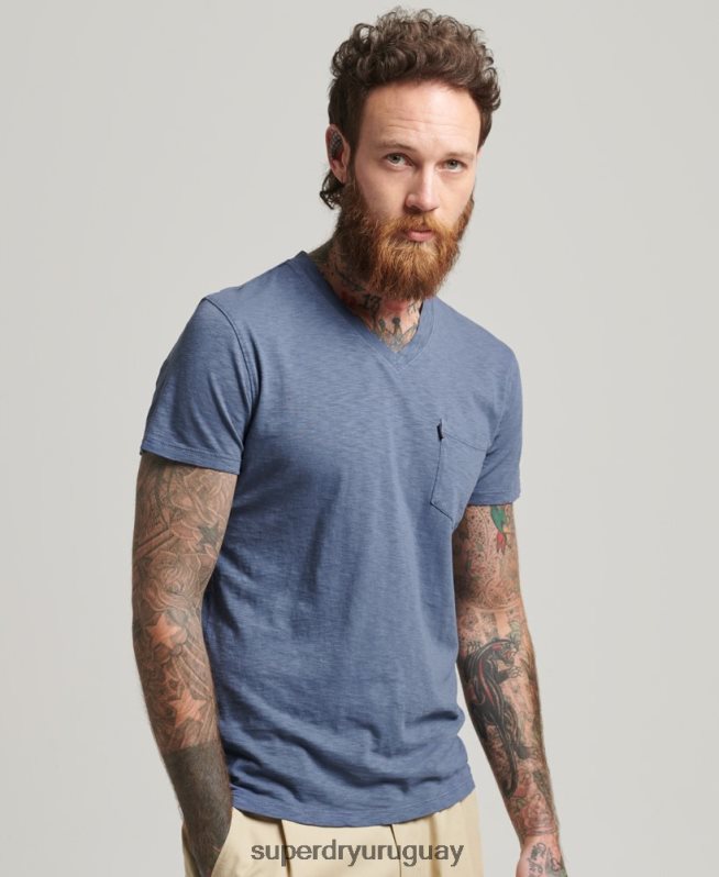 uy Superdry hombres camiseta de algodón orgánico con cuello de pico y bolsillo flameado azul DT2N8Z4936 ropa